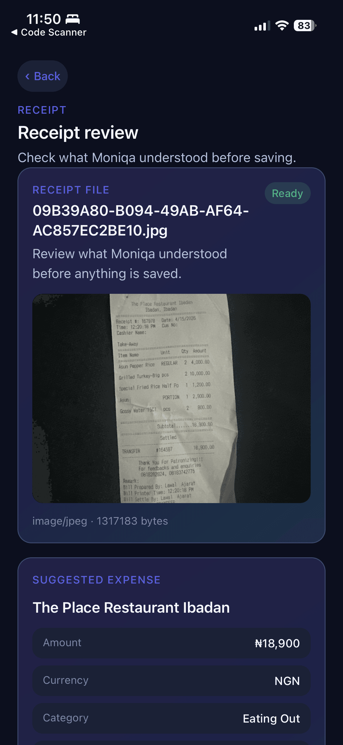 Moniqa receipt review showing OCR pulling the amount, merchant, and category before saving.