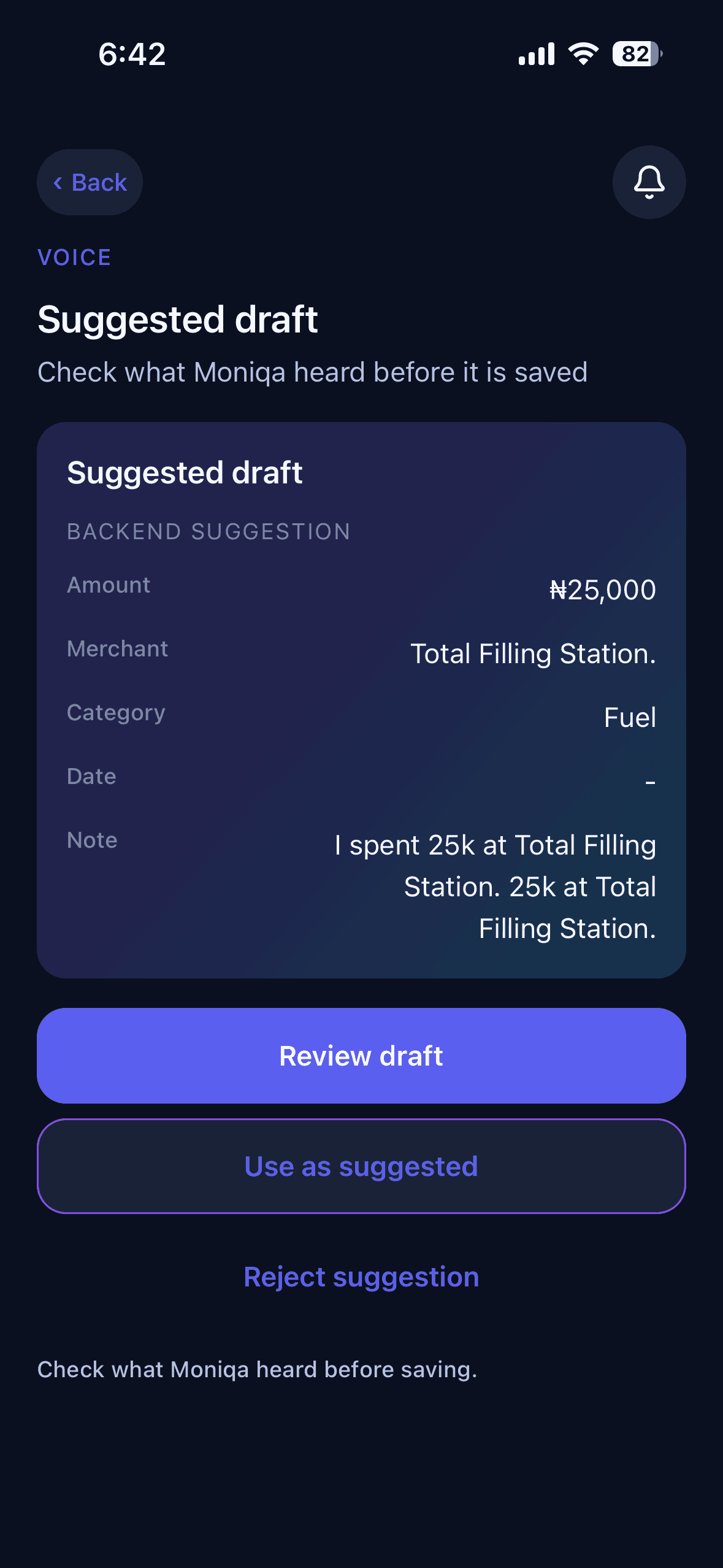 Moniqa voice capture review showing a suggested draft before saving.